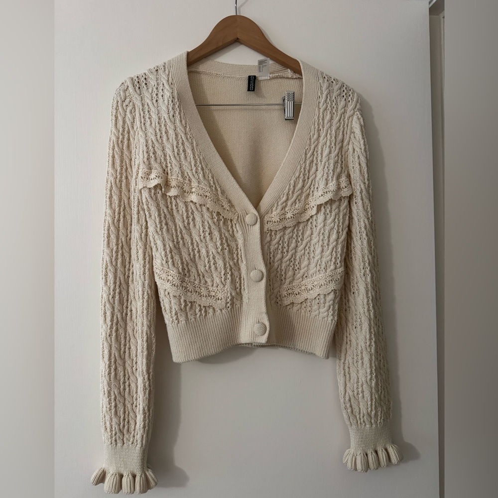 H&M Cream Cable Knit Cardigan Lace Trim Size S